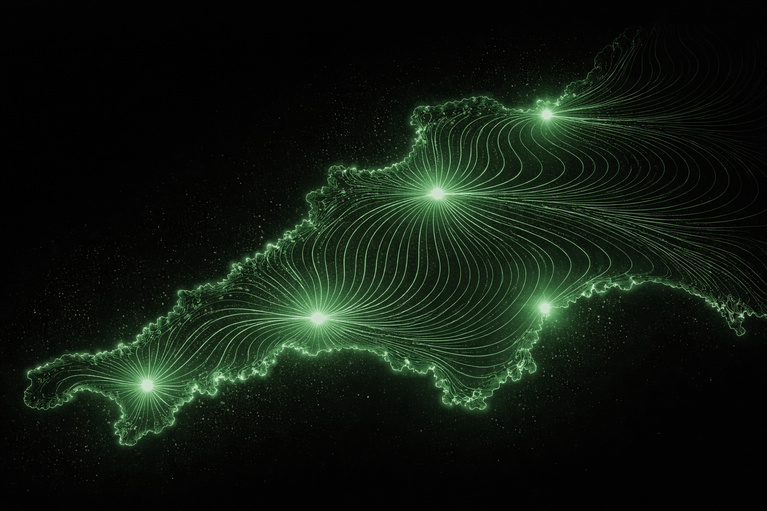 Abstract animated contour map of the South West coastline with radiating signal clusters